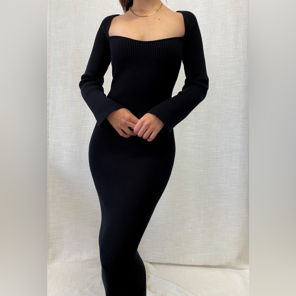 Hey Babe Black Ribbed Knit Maxi Dress Bell Sleeves / NWT